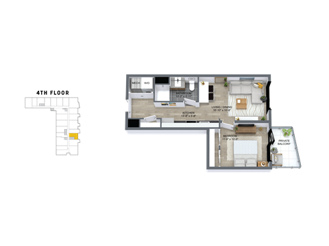 Floor plan for 1 bed, 1 bath, 624 sqft